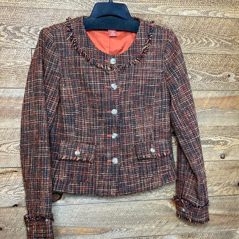 Sundance Tweed Blazer Jacket Multicolor Wool Round Neck Fringe Trim Size 6